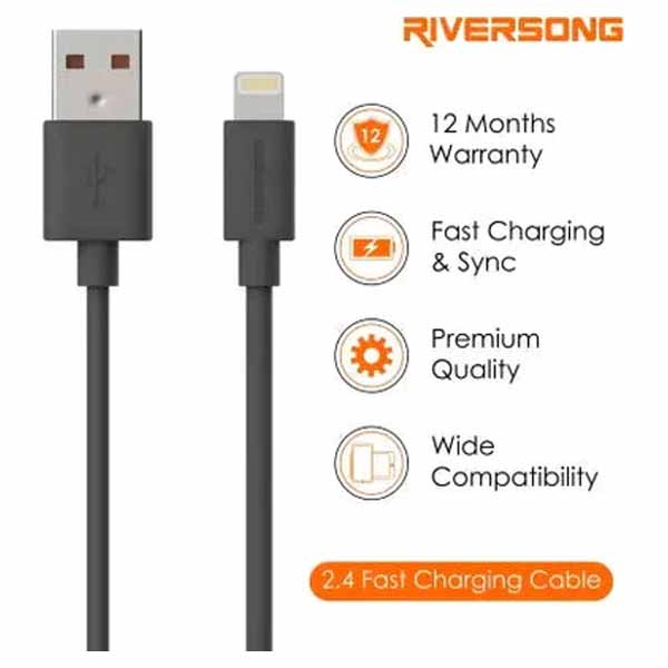 Riversong Beta 2.4A Fast Charging Lightning Cable 1M, Black - BETA-CL20