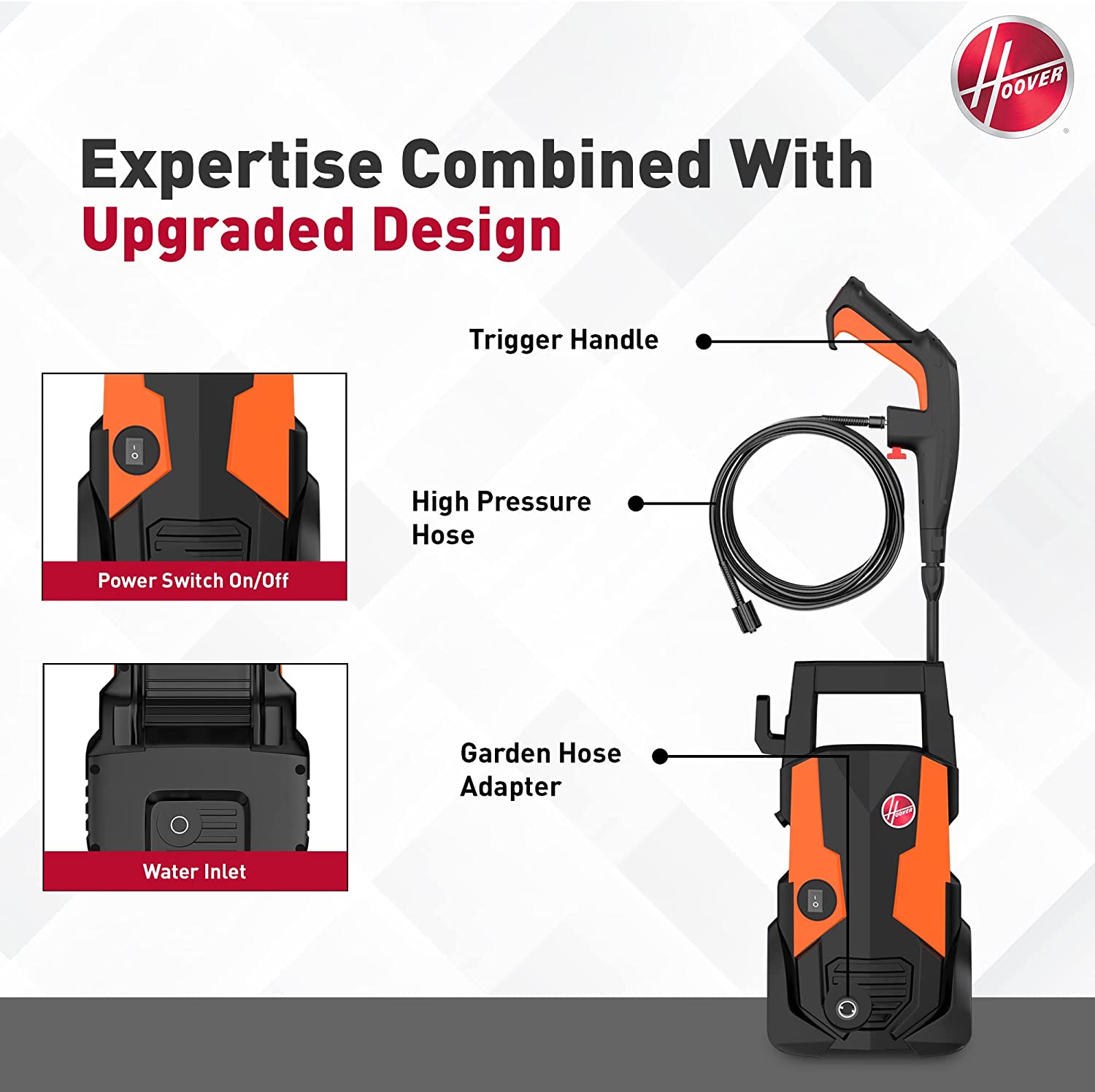Hoover 1600W Pressure Washer with 6 Accessories, Orange/Black - HPW-M1612