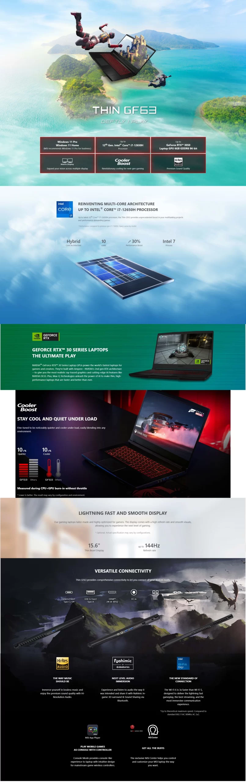 MSI Thin GF63 12UDX Gaming Laptop, 15.6" FHD, Intel Core i7-12650H, 8GB RAM, 512GB SSD, GeForce RTX 3050, ENG Keyboard, Free DOS, Black - 9S7-16R821-084