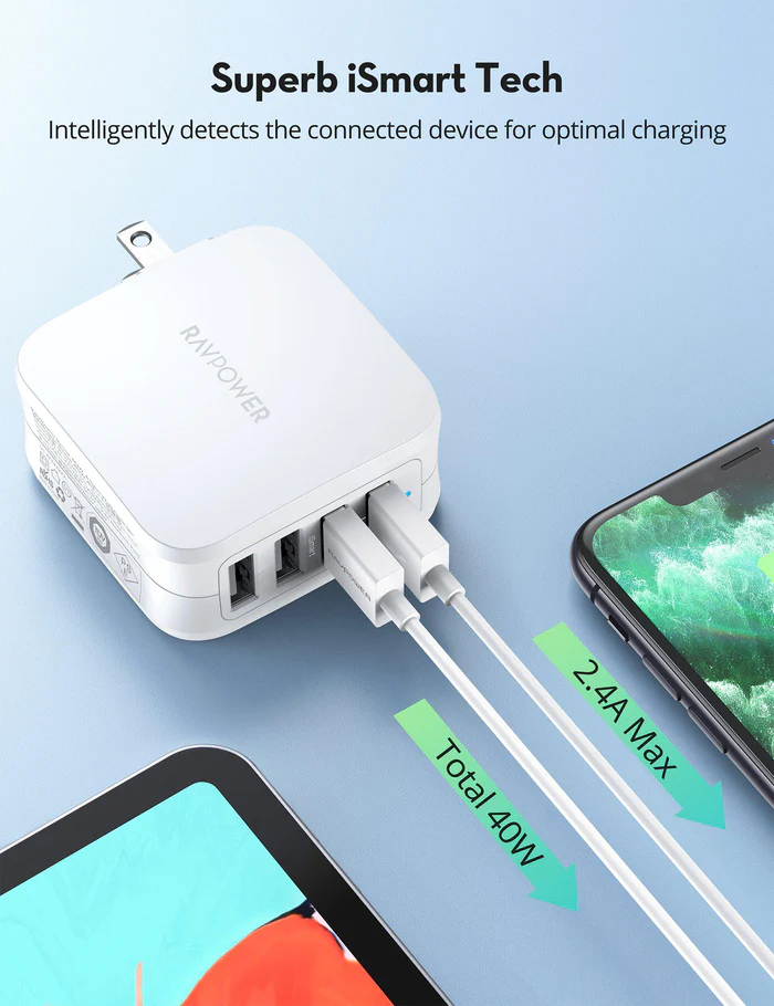 RavPower USB Wall Charger 40W 8A 4-Port with Foldable Plug, iPhone Charger, White - PC026.WT