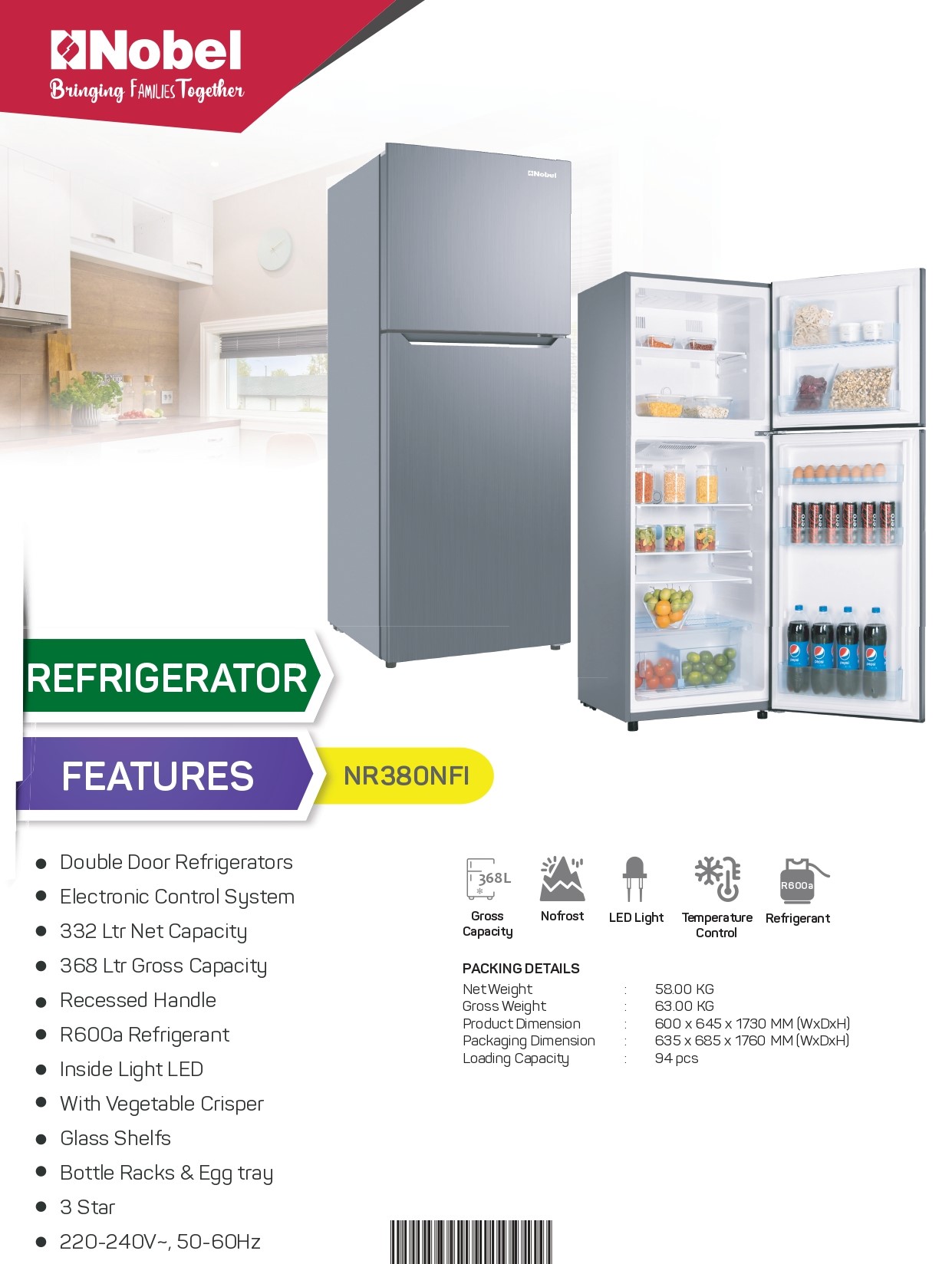 Nobel NR380NFI | Double Door Refrigerator 