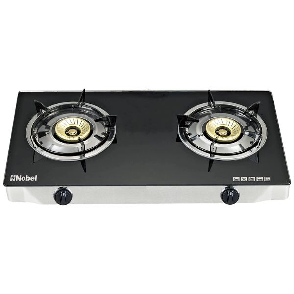 Nobel Gas Stove Glass Brass Glass Top Auto Ignition Double Burner, Black - NGT2111