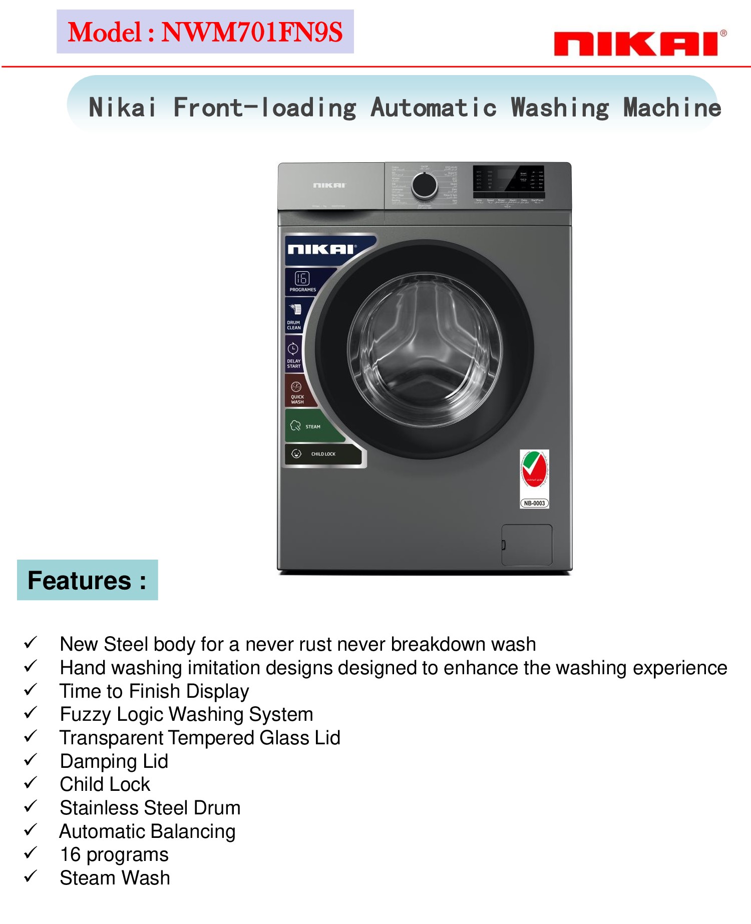 Nikai NWM701FN9S | Front Load Automatic Washing Machine