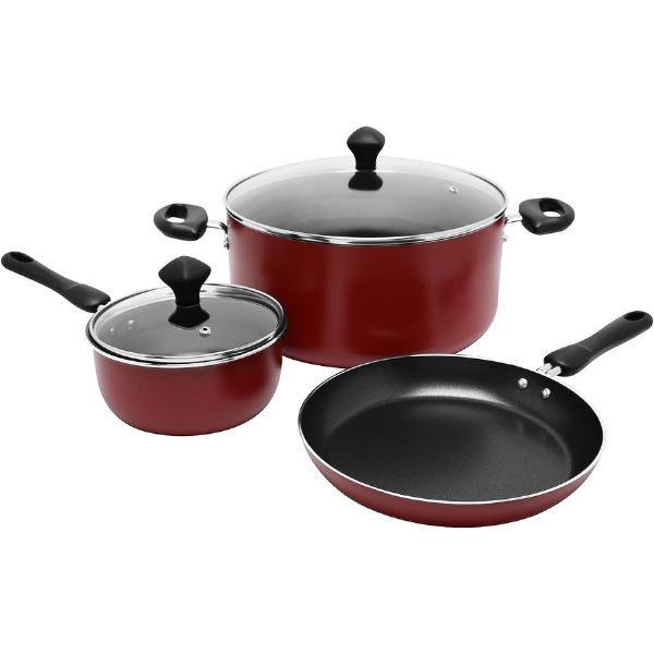 Prestige Cast Aluminum Cookware Sets of 7 Piece, Non-Stick Aluminum, Casserole, Saucepan Fry Pan, Red- PR22353