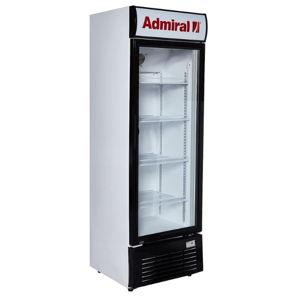 Admiral Single Door Showcase Chiller Gross Capacity 350L, Net Capacity 300L, Unventilated Cooling, Hinge Glass Door, Adjustable 4 Shelves, Refrigerant R134A / 140G, Condenser Mash Wire, Black and White - ADCH350B