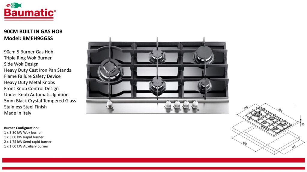 Baumatic BMEH9GGSS 5 Burner Gas Hob 90cm PLUGnPOINT