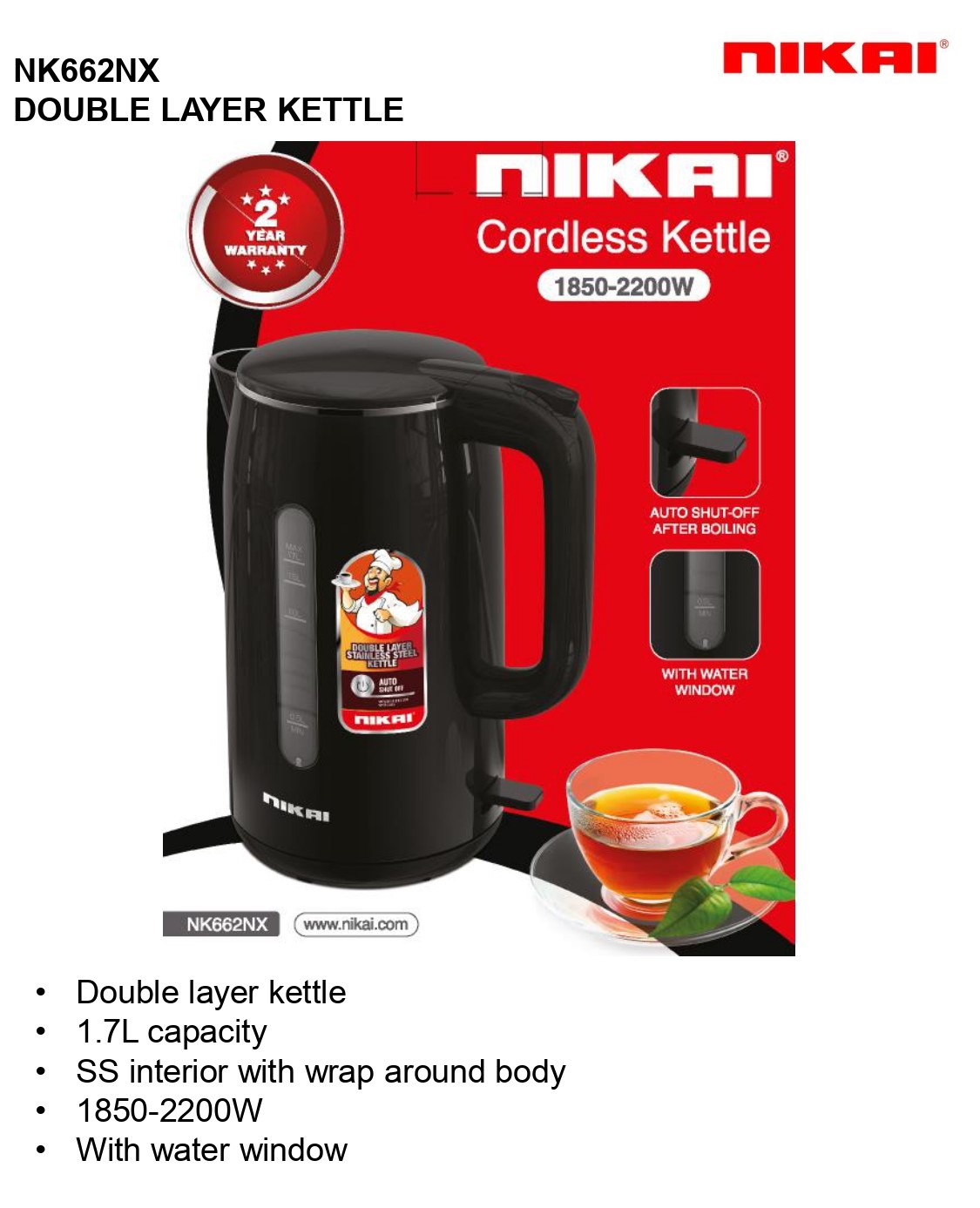 Nikai NK662NX | Double Layer Electric Kettle 