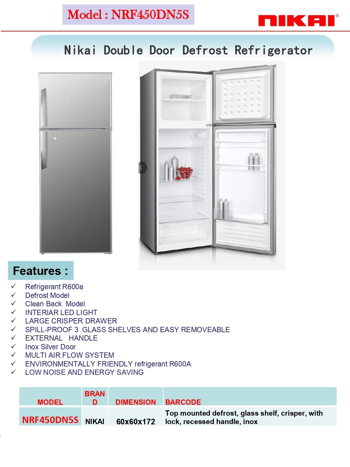 Nikai 450 Ltr Double Door Defrost Refrigerator NRF450DN5S 