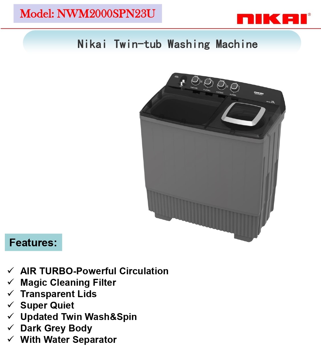Nikai NWM2000SPN23U | Twin-Tub Washing Machine