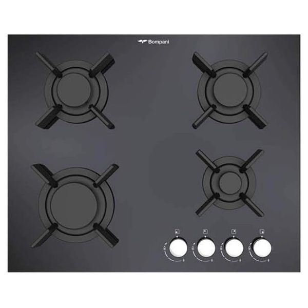 Bompani Built-In Hob, 60Cm, 4 Gas Burners, Full Safety, Auto Ignition, Cast Iron Pan Support, Crystal Black - BO217VF