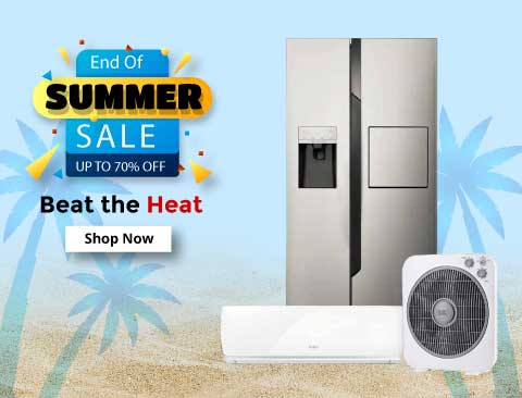 Vibrant summer image with air conditioners, fans, and refrigerators.