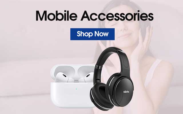 Various mobile accessories including earphones and cases.