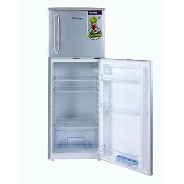 Geepas Durable Double Door Refrigerator, Fast Cooling & Preserves Freshness, Low Noise, Energy Efficient, In-Built Deodorizer, Tempered Glass Shelves, Crystal Silver - GRF1856WPN