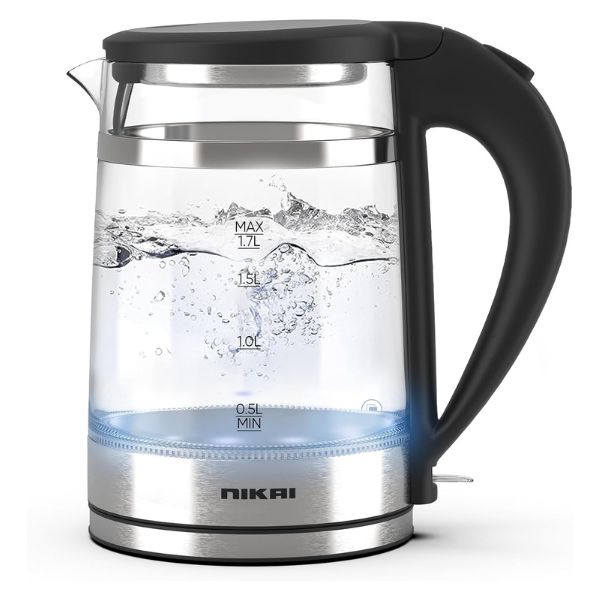 Nikai 1.7L 2200W Electric Glass Kettle, Auto-Shutoff, Double Layer Wall, Cool Touch Safety, Rapid Boil in 2 min, Food-Grade Material, One-Click Lid Operation, Boil Dry Protection, Easy Clean - NK393G